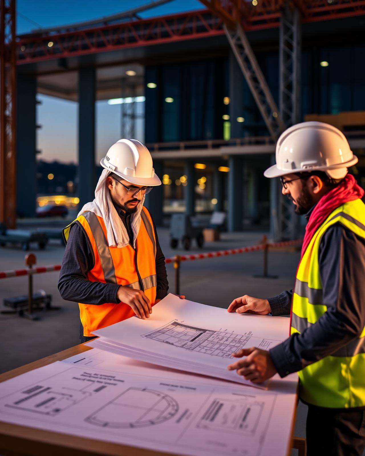 Engineers reviewing construction drawings on site